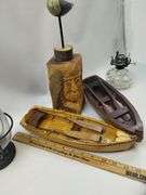 Pickers LOT: Wooden Boats Decor Carved Native Bird Oil Lamps Smalls