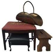 Pickers LOT: Needle Point Foot Stool Storage Brass Log Magazine Rack