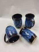 4 Doug Dotson Pottery Soda Fired Mugs Fishscale Patten Blue Brown