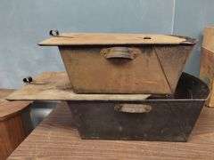 2 Tin Food Warmers Ash Bins Coal Carriage Foot Antique