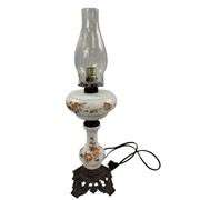 Milk Glass Electrified Oil Lamp Ornate Parlor Cast Metal Base