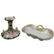 Antique Ornate Vase French Limoges? Gold Green + Nippon Tray