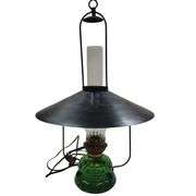 Antique Oil Lamp Hanging Country Store Green Glass Architectural Ceiling