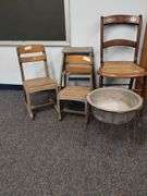 Pickers LOT: Vintage School Chairs Step Ladder Cane Seat Basin