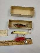 Vintage Fishing Lures LOT Glass Eyes Spinners Chub Creek Boxes + Shannon Creek