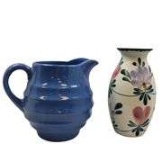 Vintage Antique German Hand Painted Floral Vase & Milk Pitcher Stoneware
