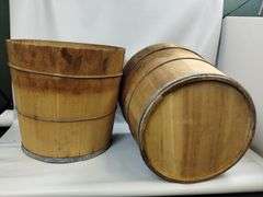 2 Antique Wood Plank Half Barrel Buckets Bale Wire
