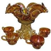Carnival Glass Marigold Punch Bowl Base Cups Luster Hollywood Regency