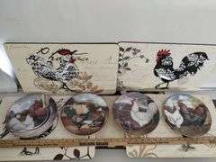 Decor Lot Art Glass ROOSTERs Papier Mache Plates Placemats