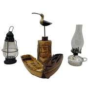 Pickers LOT: Wooden Boats Decor Carved Native Bird Oil Lamps Smalls