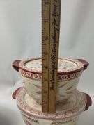 Temptations Two Mixing Bowls Lids + 2 Pie Dishes Old World