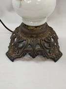 Milk Glass Electrified Oil Lamp Ornate Parlor Cast Metal Base