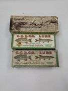 Vintage Fishing Lures LOT Glass Eyes Spinners Chub Creek Boxes + Shannon Creek