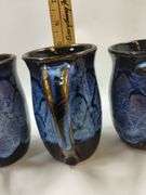 4 Doug Dotson Pottery Soda Fired Mugs Fishscale Patten Blue Brown