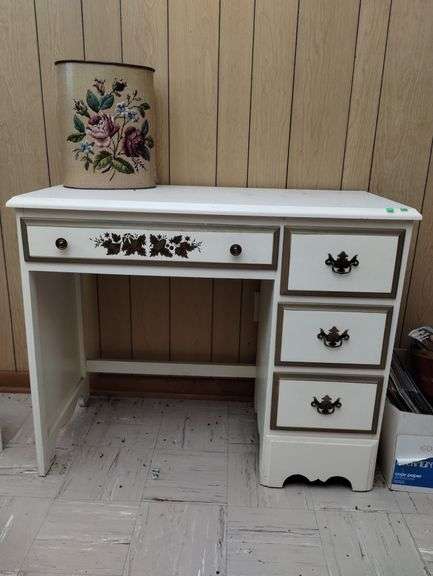 French Provincial Desk Cream Gold Tone Painted + Metal Trash Can