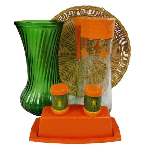 Vintage Orange Avocado Green S & P Shakers Decanter Vase