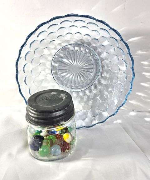 Bright Blue Glass Bowl & Jar of Marbles Unsorted