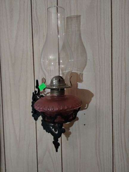Antique Pink Glass Oil Lamp Cast Iron Wall Bracket Swing Arm Holder