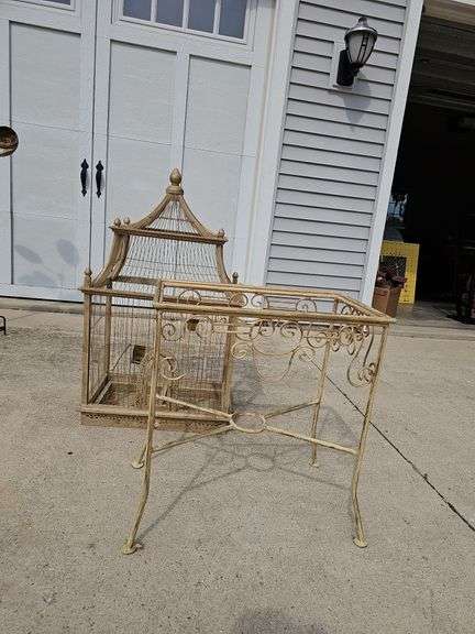 5 FT Bird Cage Iron Stand Wood Brass Feeders BoHo Decor Shabby Chic ...