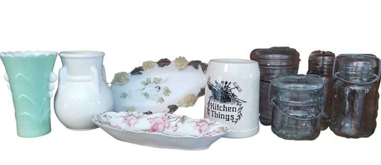 Pickers LOT: Vintage Vases Dish Milk Glass Polychrome Jars
