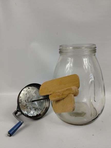 Antique Blow Butter Churn Britain Wood Paddle Glass Jar