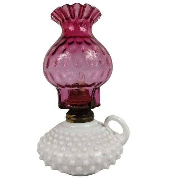 Antique Ruby Glass Milk Hobnail Oil Lamp Fenton? Thumbprint