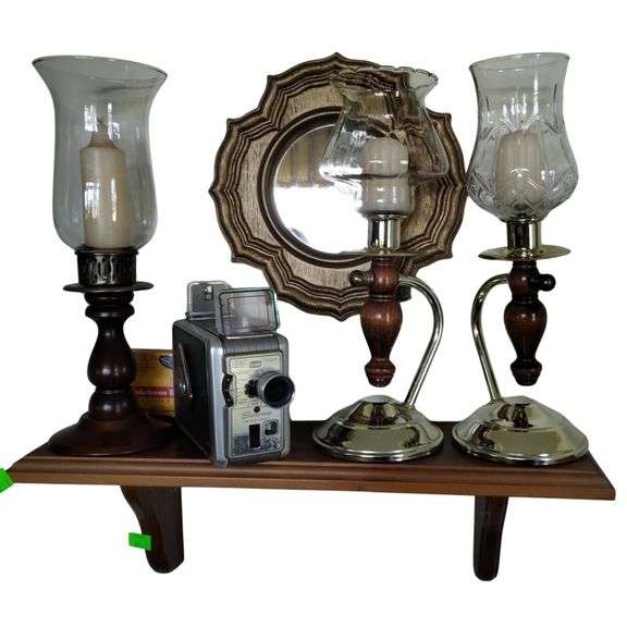 Vintage Kodak Brownie Camera + Wood Brass Candlesticks + Shelf