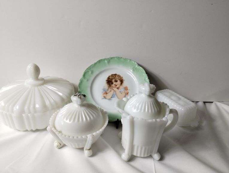 Vintage Milk Glass Dishes & Carlsbad Austria Plate Green Rim Young Girl