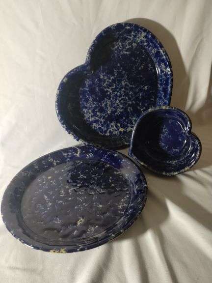 3pc Bennington Studio Pottery Blue Spongeware Heart Shape Plate Bowl ...