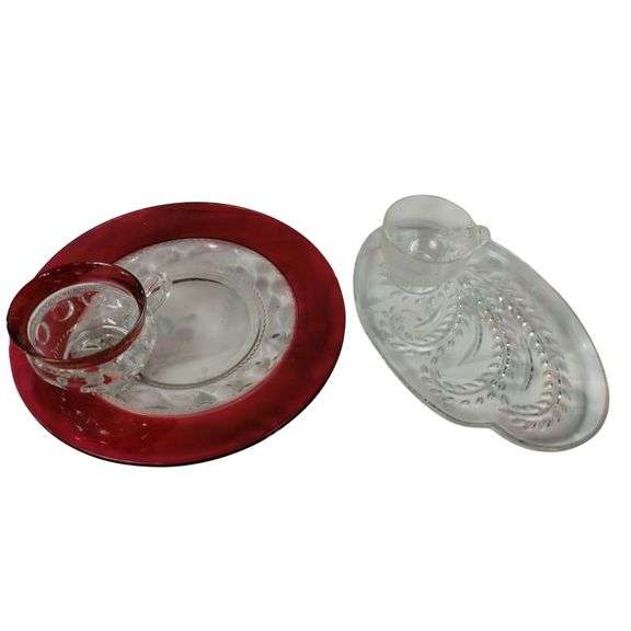 2 Vintage Snack Sets Glass Party Plates Cups Ruby Thumbprint Flash