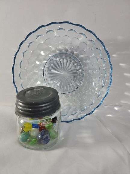 Bright Blue Glass Bowl & Jar of Marbles Unsorted