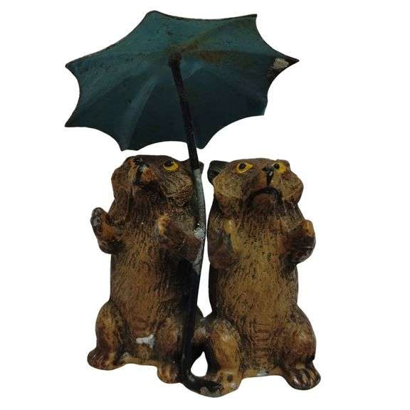Antique Heyde's German Miniature Statue Figure Bears & Umbrella Metal Lead