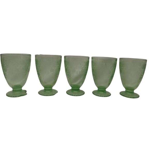 Antique Uranium Glass Hazel Atlas Florentine Footed Tumblers Green Depression