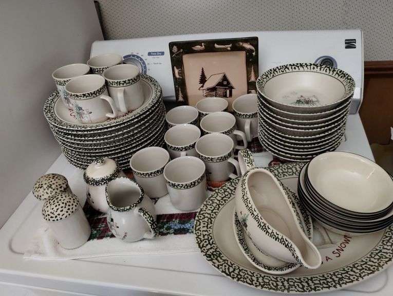 Vintage Christmas Snowman Stoneware Dish Set & Corelle Bowls