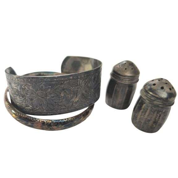 Sterling Hinge Bracelet & Salt Peppers + Unmarked Engraved Cuff