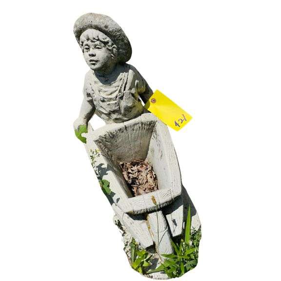 Vintage Boy Overalls Wheelbarrow Planter Figure Outdoor Garden