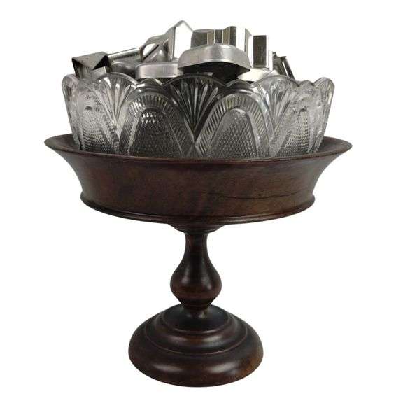 LOT Antique Wooden Pedestal & Glass Dish Metal Cookie Cutters