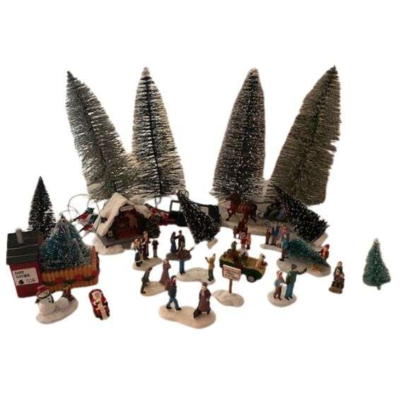 LOT Christmas Village Trees People Figures John Deere Accessory