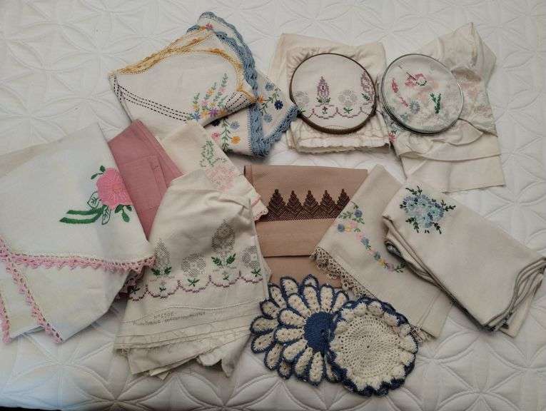 Lot Antique Embroidery Crochet Table Scarves Doilies
