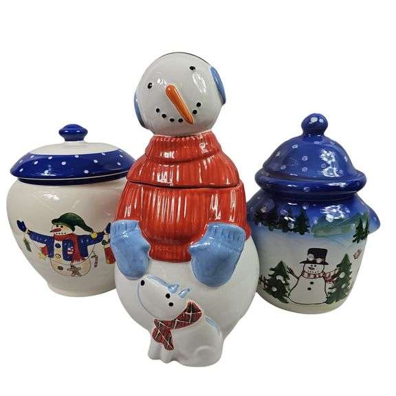 LOT 3 Christmas Ceramic Cookie Jars Snowman Snowmen