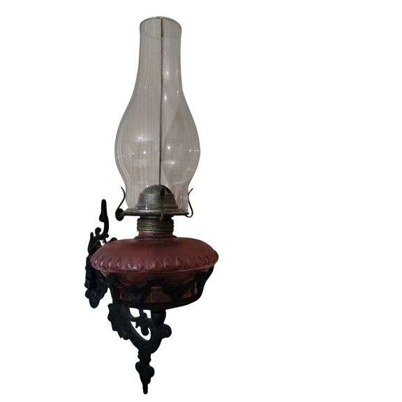 Antique Pink Glass Oil Lamp Cast Iron Wall Bracket Swing Arm Holder