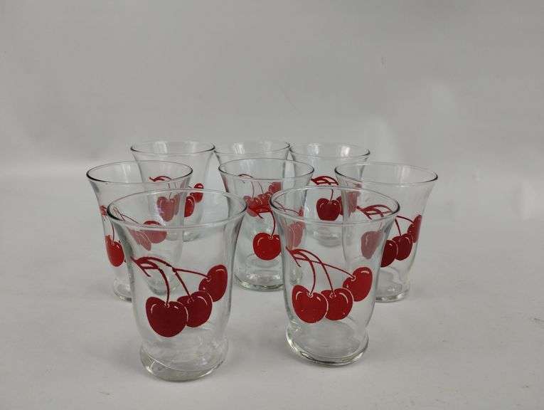 MCM Clear Glass Pitcher W/Cherries & 8 Juice Glasses