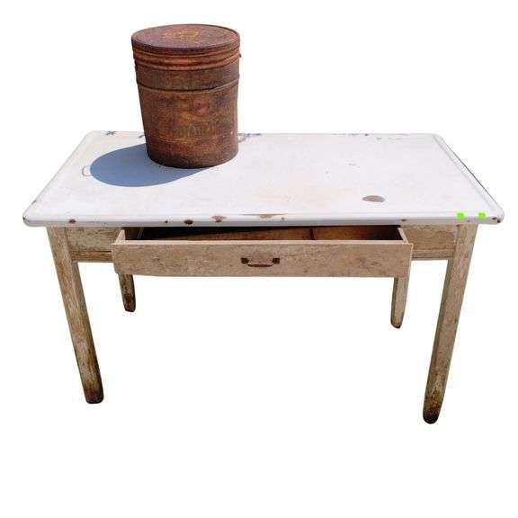 Vintage Table Metal Tabletop Wooden Legs + Rusty Potato Chip Can