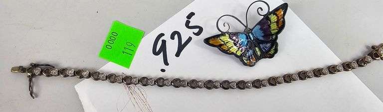 Vintage Sterling Butterfly Pin Gem Bracelet .925 Silver