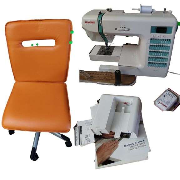 Janome DC2010 Sewing Machine Fiskars Clear Table + Orange Chair