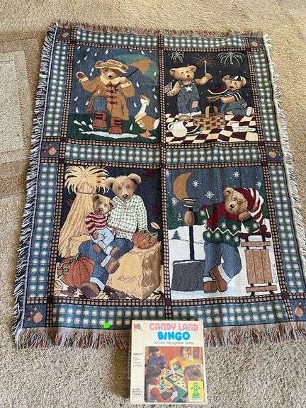 Vintage Teddy Bear Throw Blanket + Candyland BINGO Game IOB