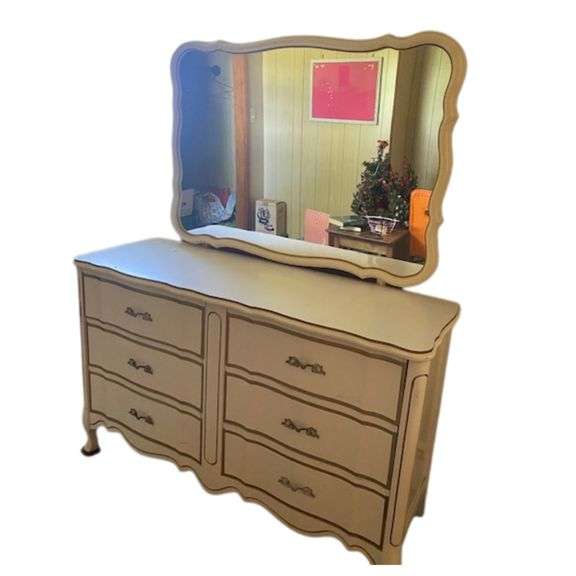 Vintage French Provincial Mirrored Dresser White Gold Toned