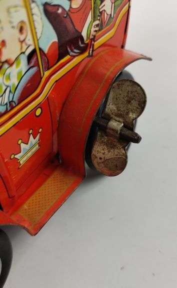 1950s Tin Litho Circus Clown Car Merry Ball Blower Toy Runs