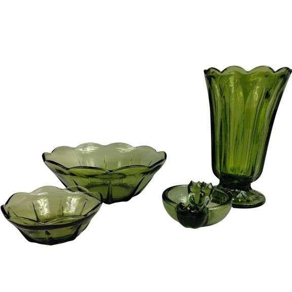 LOT Vintage Avocado Green Glass Vase & Bowls