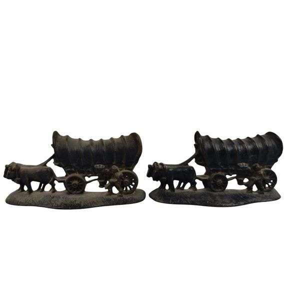 Antique Set of 2 Metal Covered Wagon Bookends